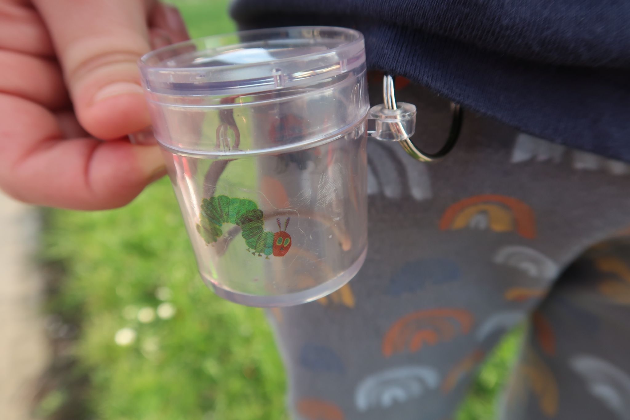 boy holding a worm in a bug pot
