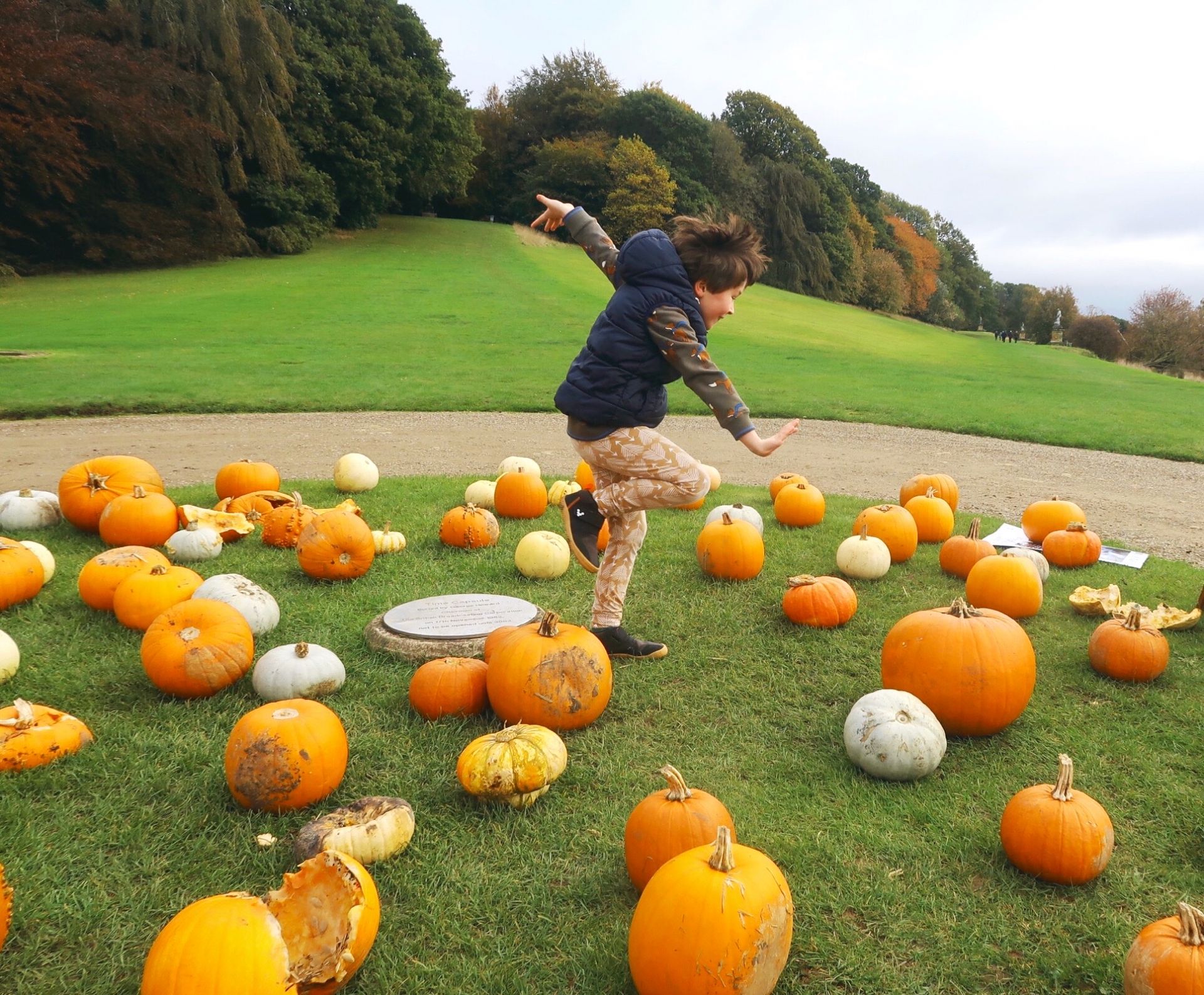 Boy dancing amongst pumpkins in the grass