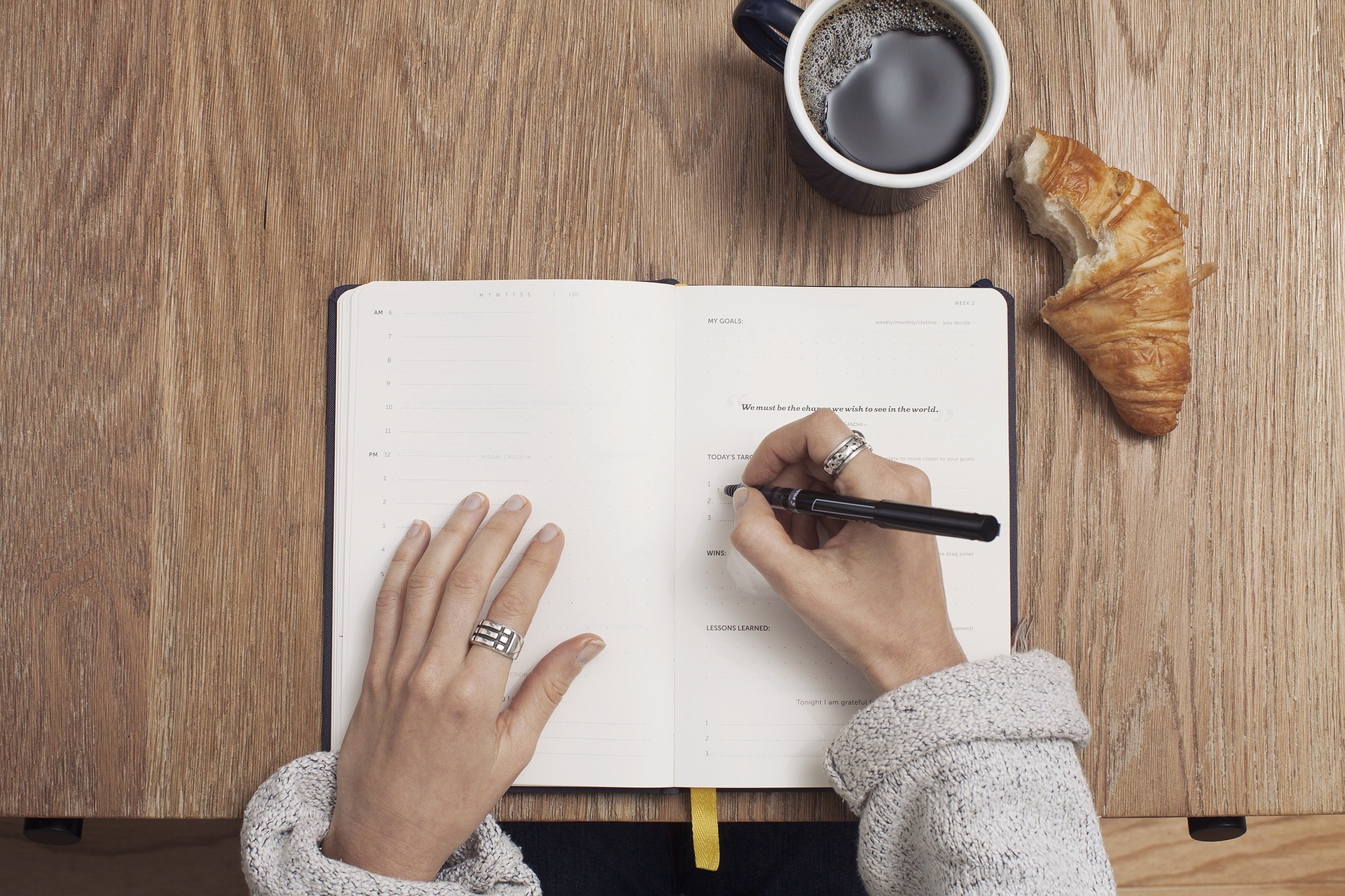 diary, croissant and coffee flatly
