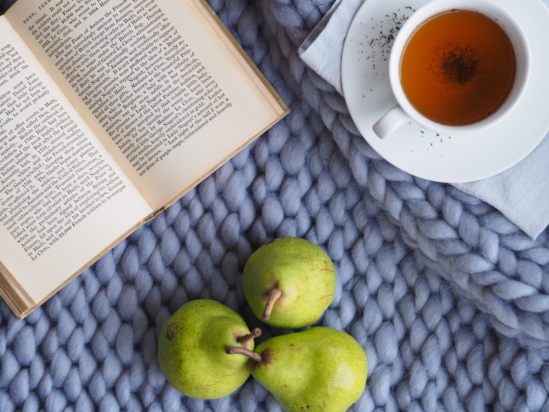 a book, cup of tea and some pears on a blanket 