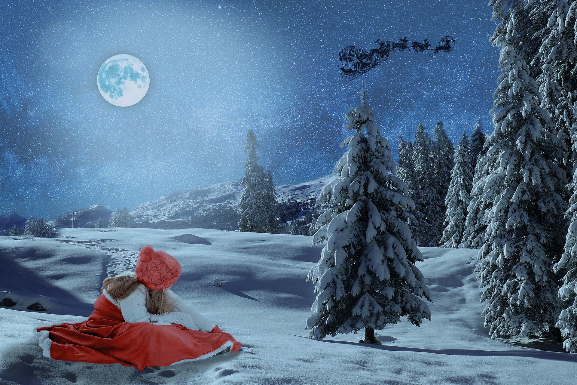a girl in the snow watching santa in a sleigh in the sky