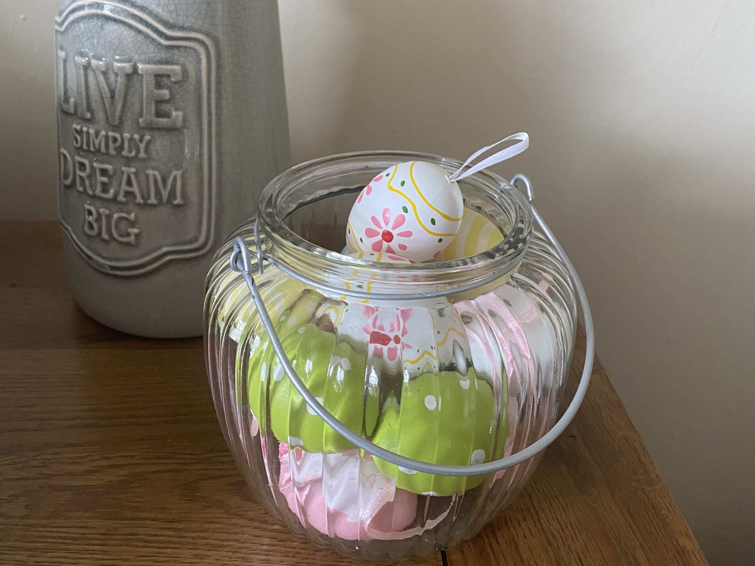Easter Home decor - a glass bowl filled with eggs