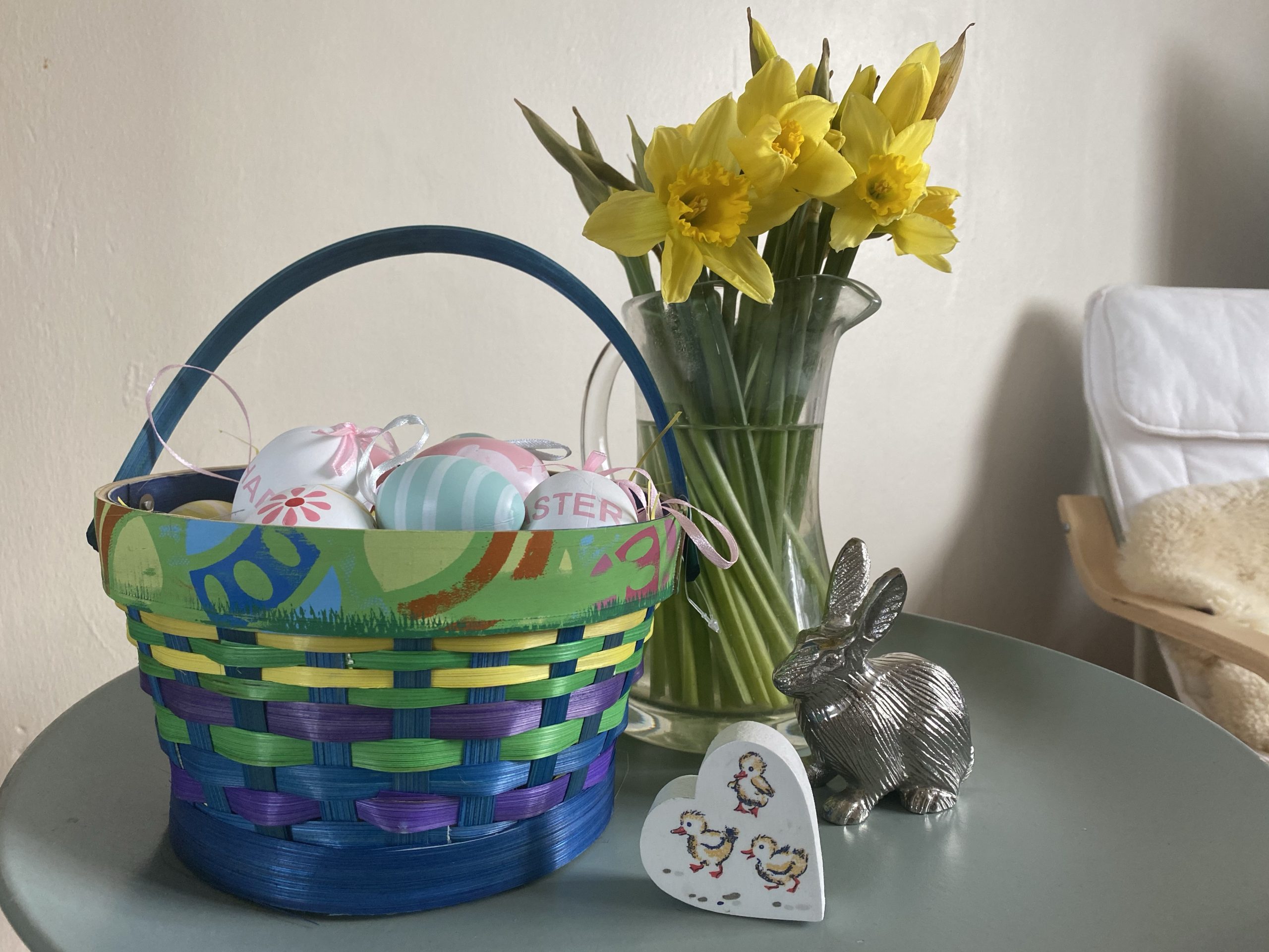 Easter Home decor with a basket of eggs and daffodils 