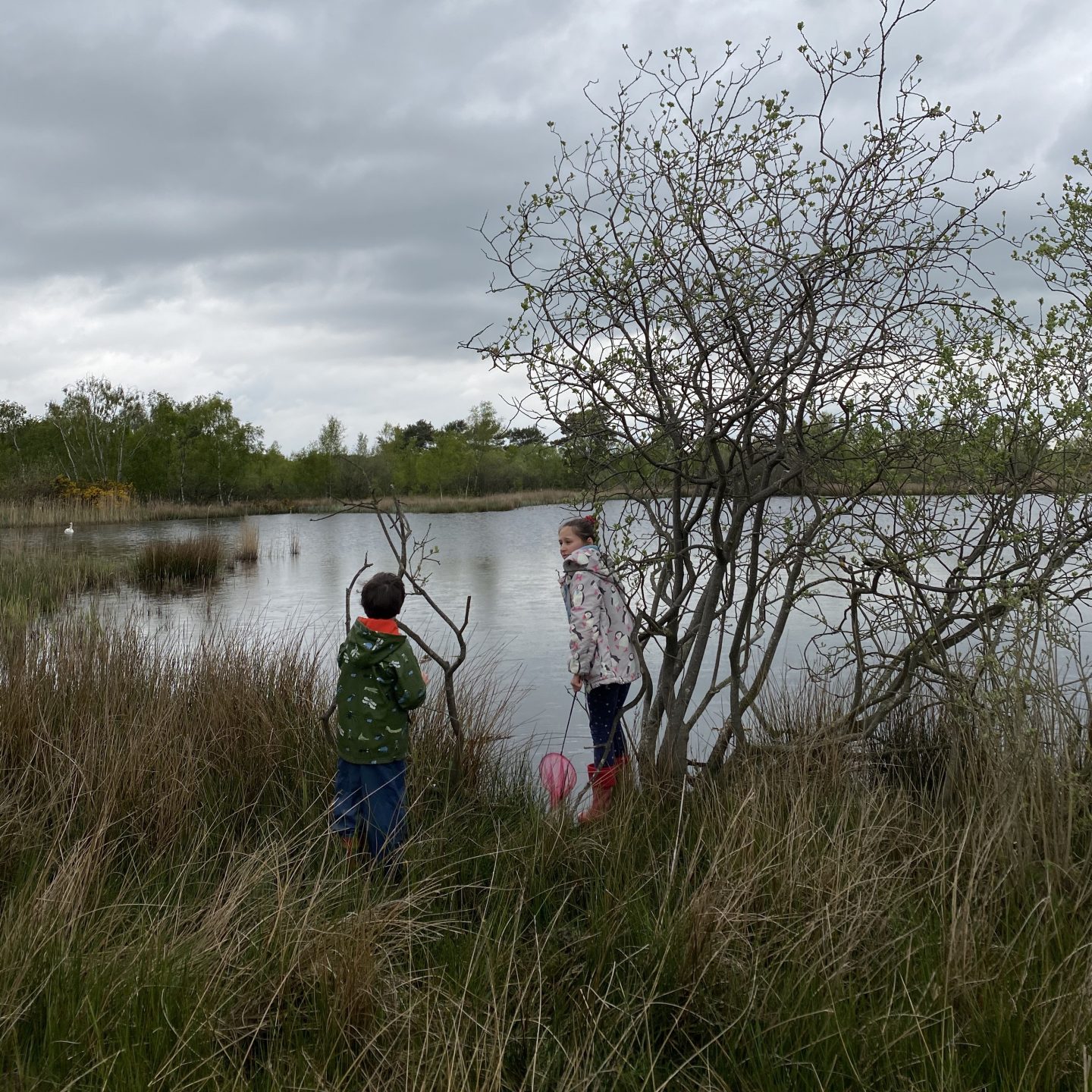 two children out in nature by a pond during lockdown 
