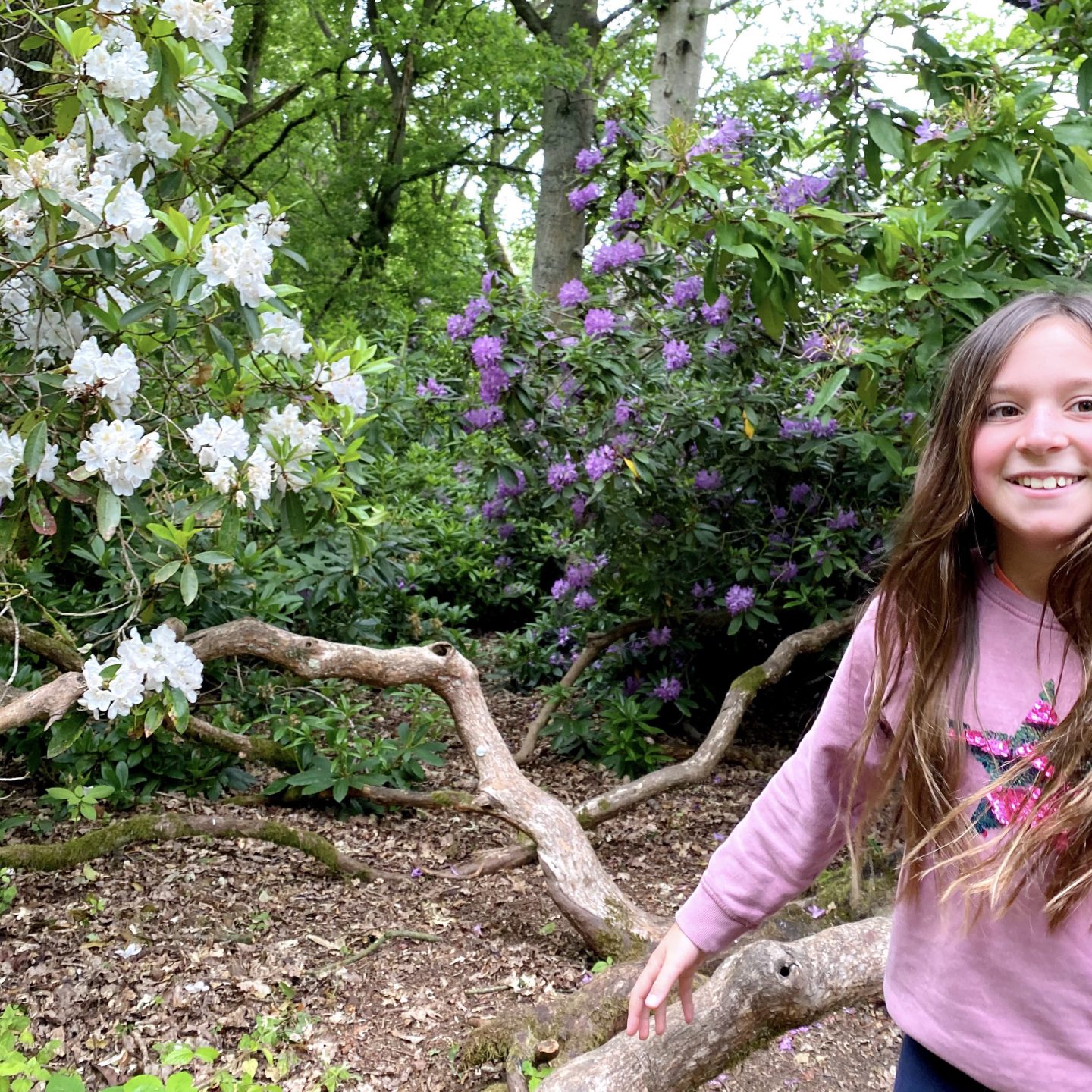 lockdown moods lifted with a walk in the woods and a girl smiling by some flowers