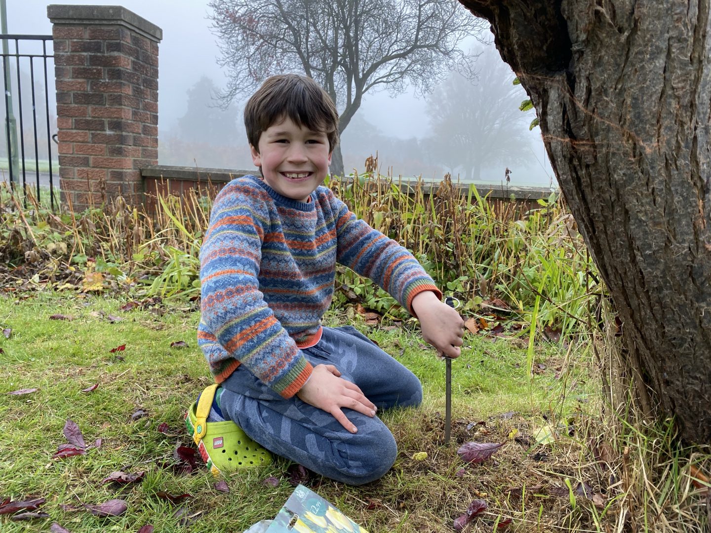 A boy planting some garden bulbs 