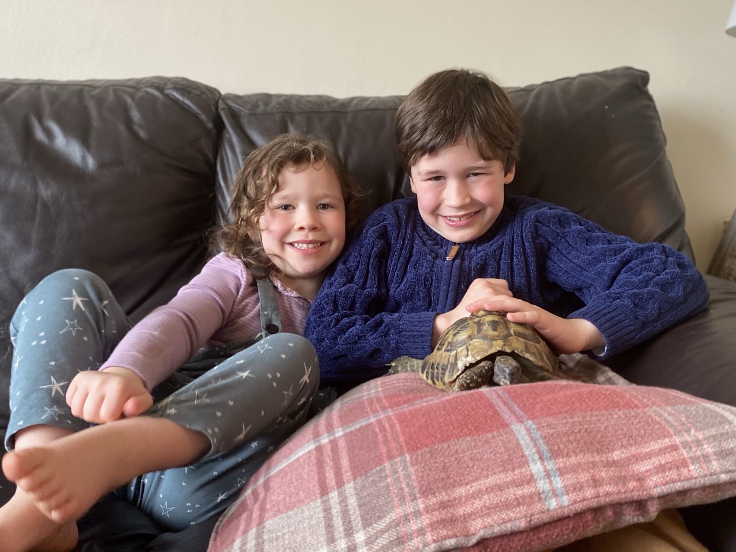 2 children with a tortoise before he goes into hibernation 