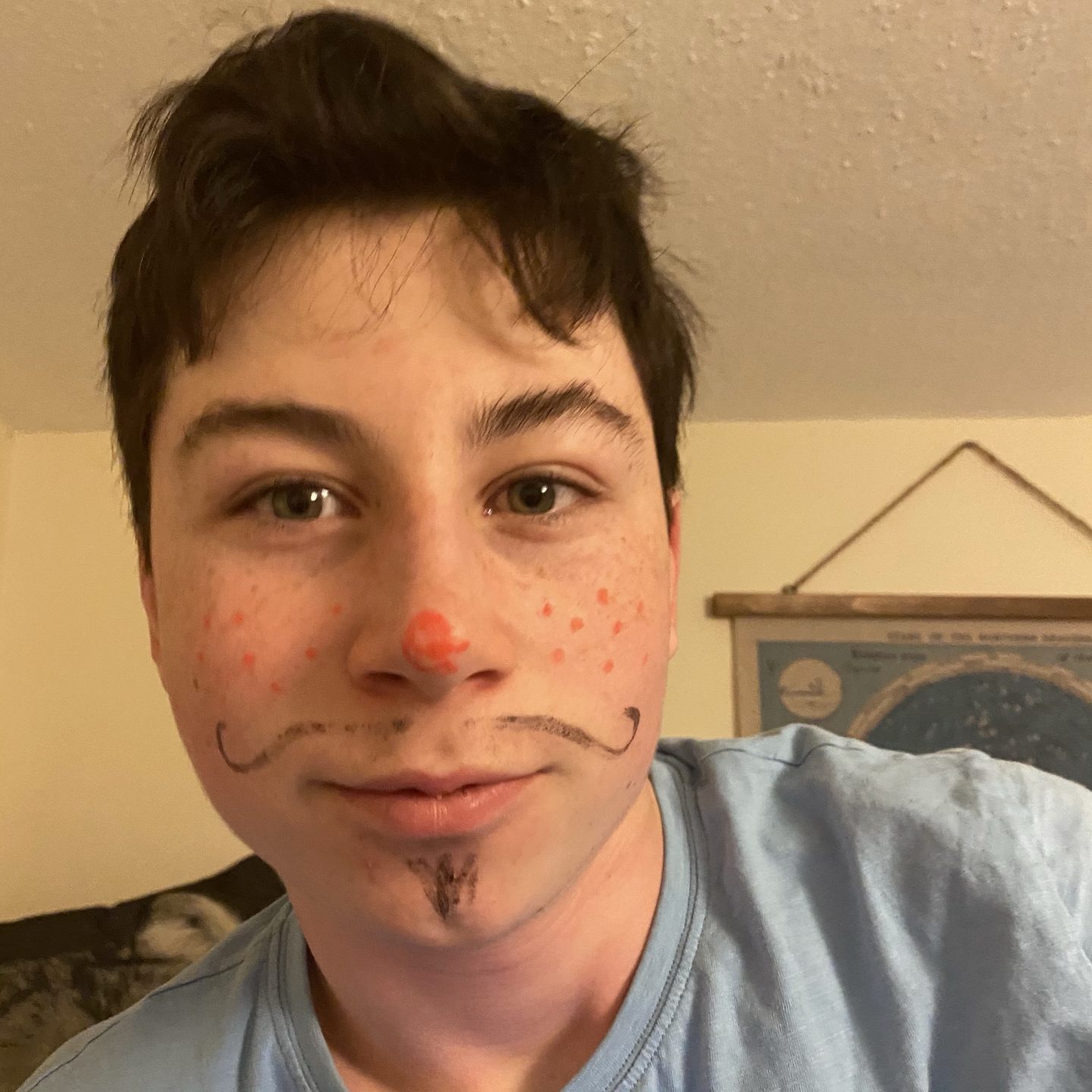 A teenage boy with a moustache , red nose and spits drawn on his face from elf mischief