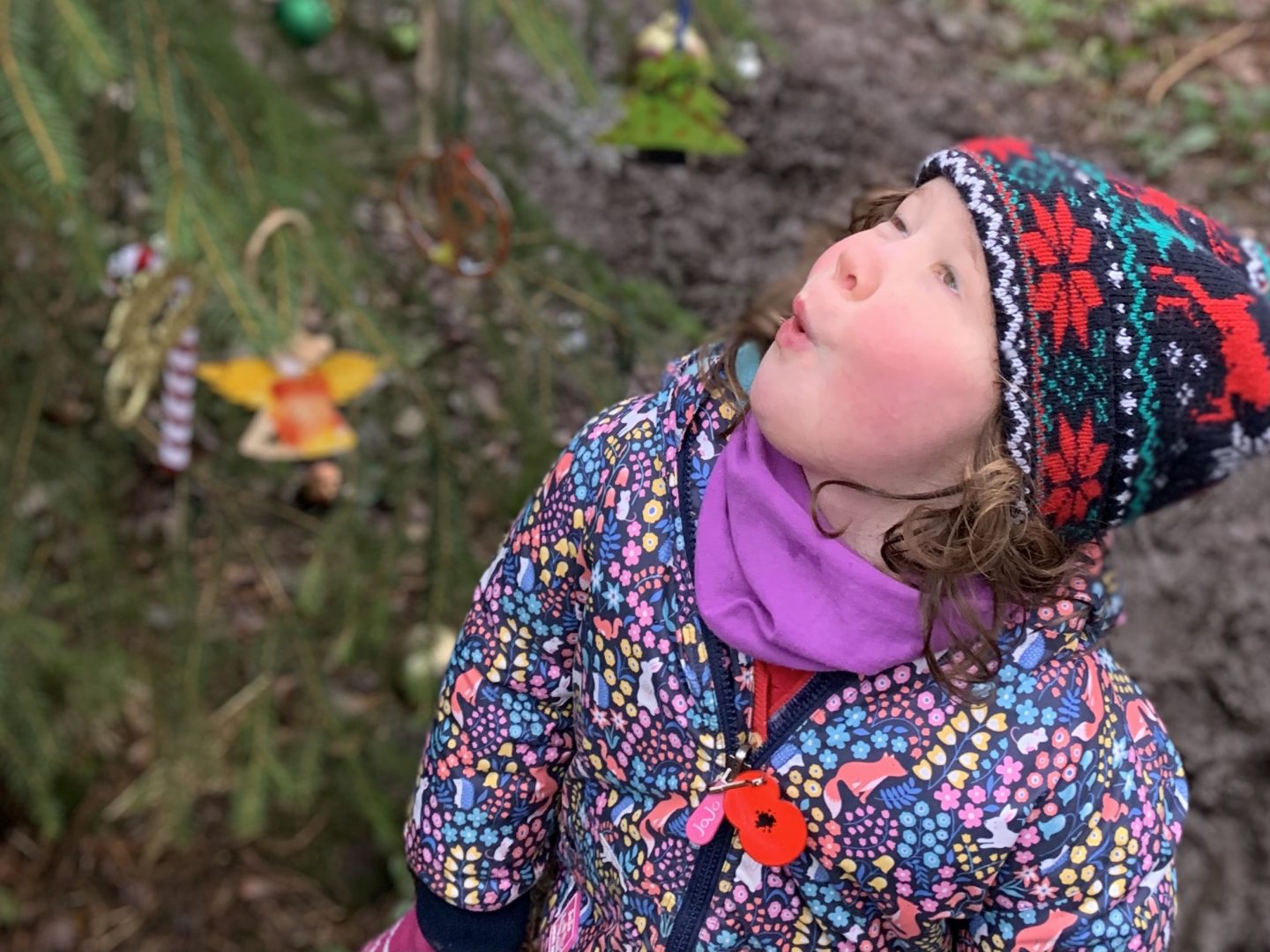 A young girl gazing up at an outdoor Christmas tree