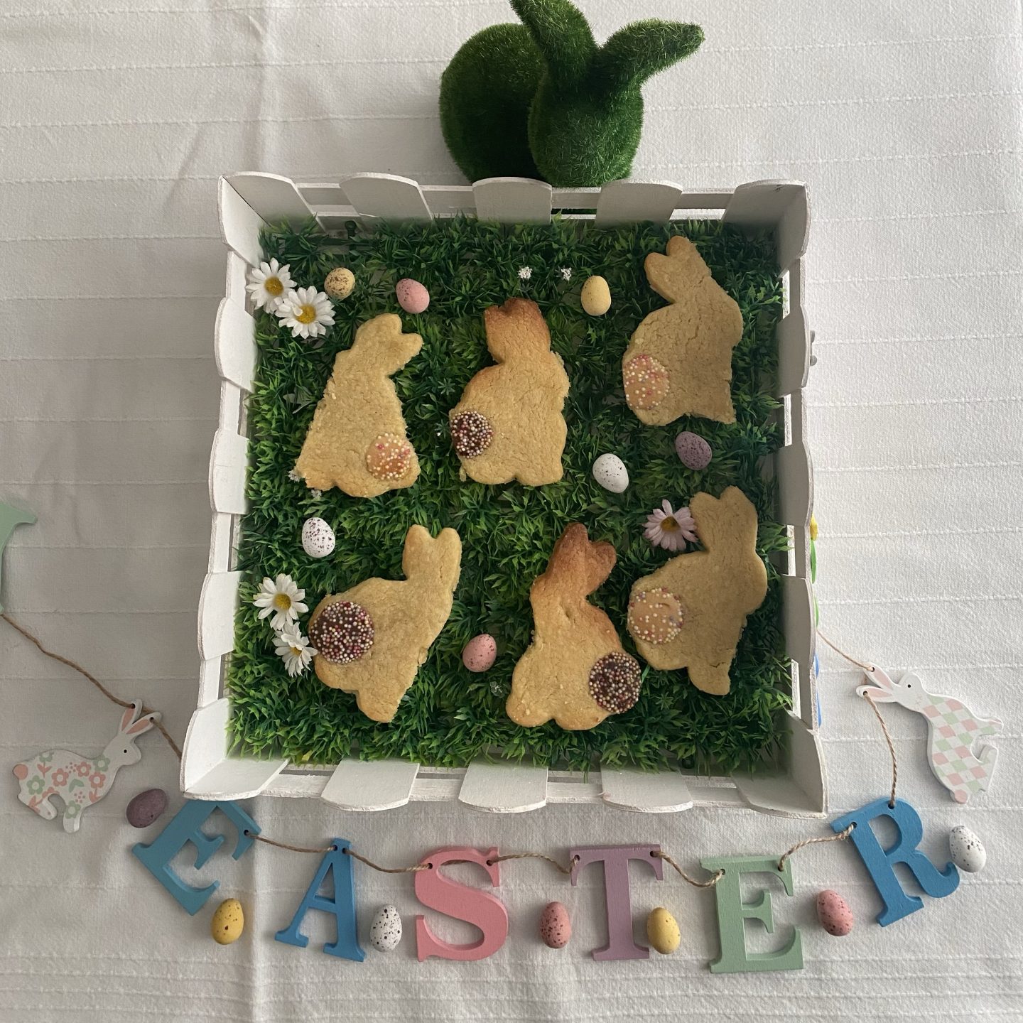 bunny biscuits sat in a fake easter decor garden with an easter sign around it - for my March activities for kids post.