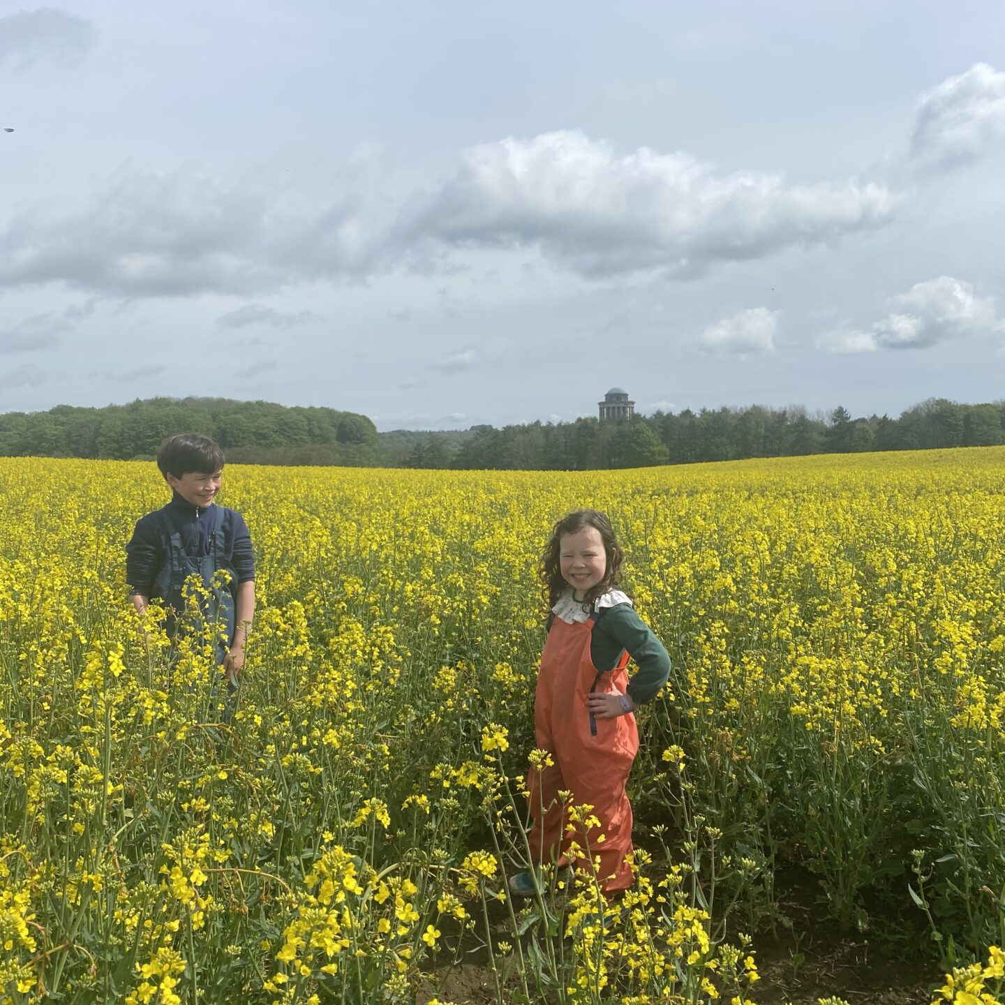 two children stood in a field of rapeseed