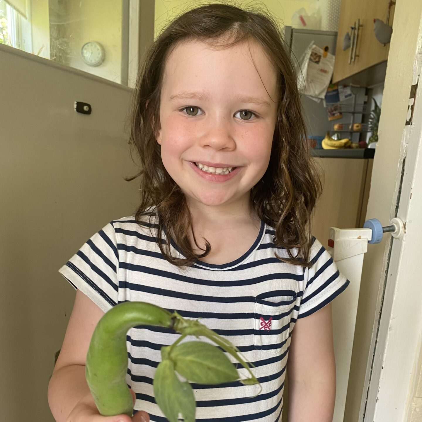 a young girl holding a home grown bean