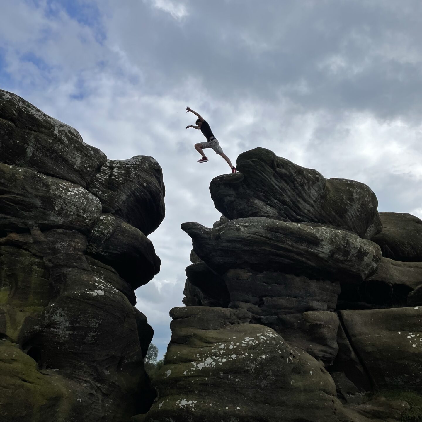 leaping from rock to rock inBrimham rocks