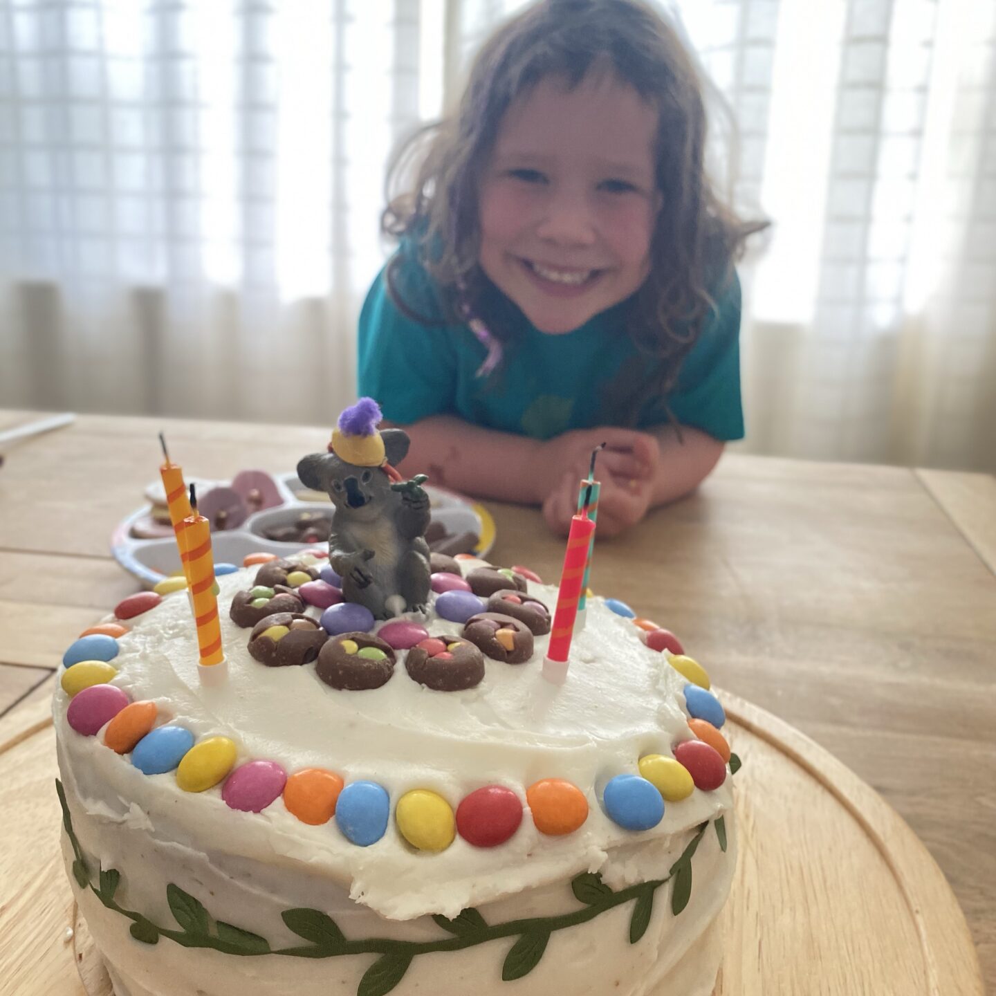 time at home with a girl smiling at a koala birthday cake