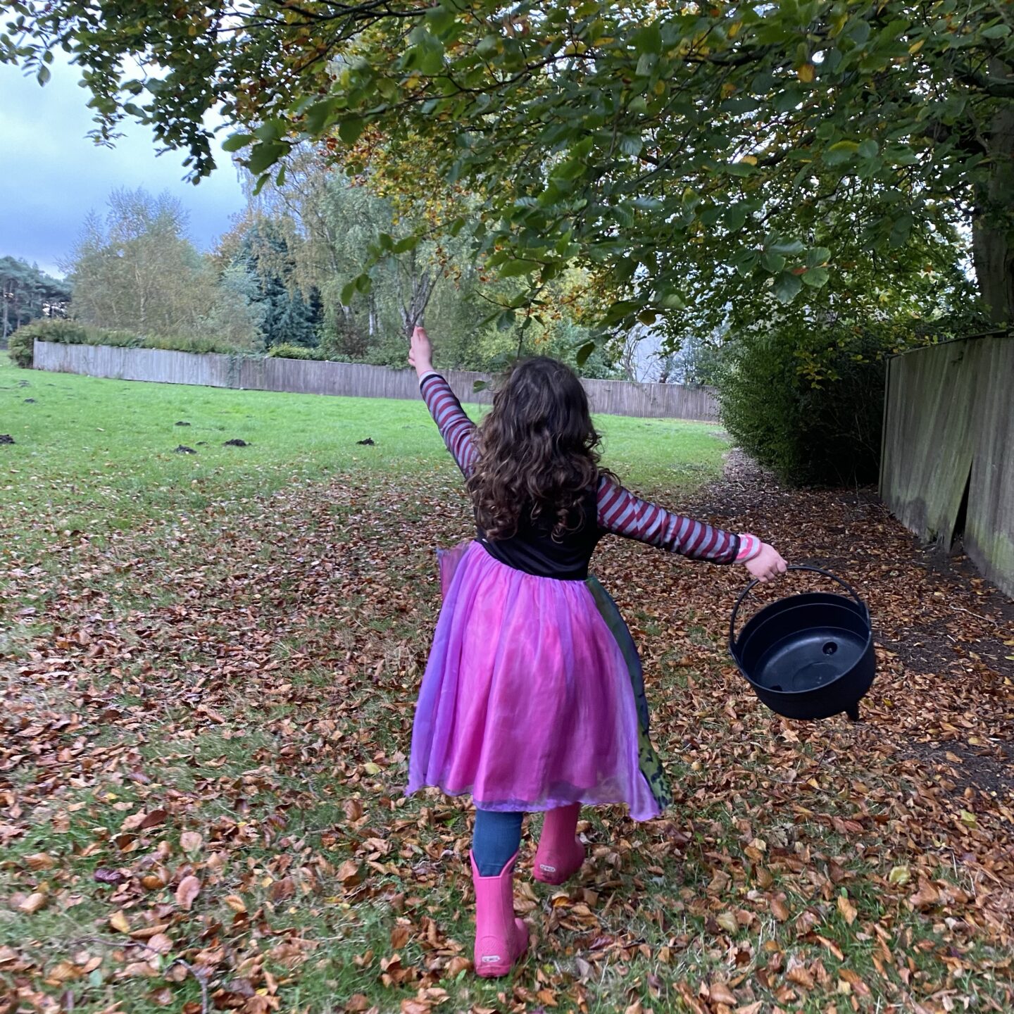 autumn leaves falling with a girl walking under a tree in a witch outfit with a cauldron