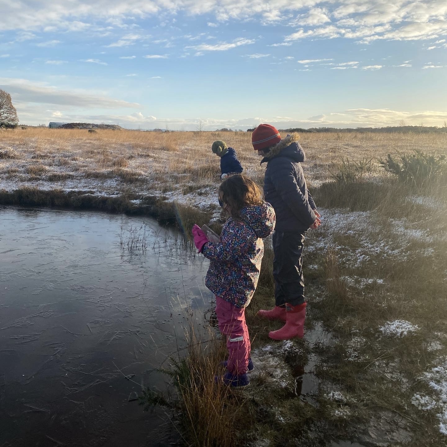 children stood by an icy pond on a wintry November day