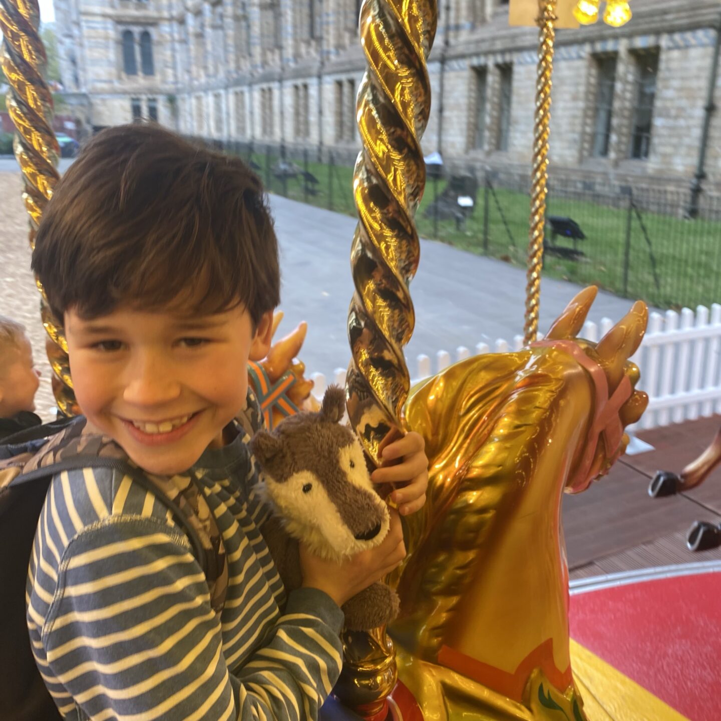 A boy sat on a horse o n a carousel 