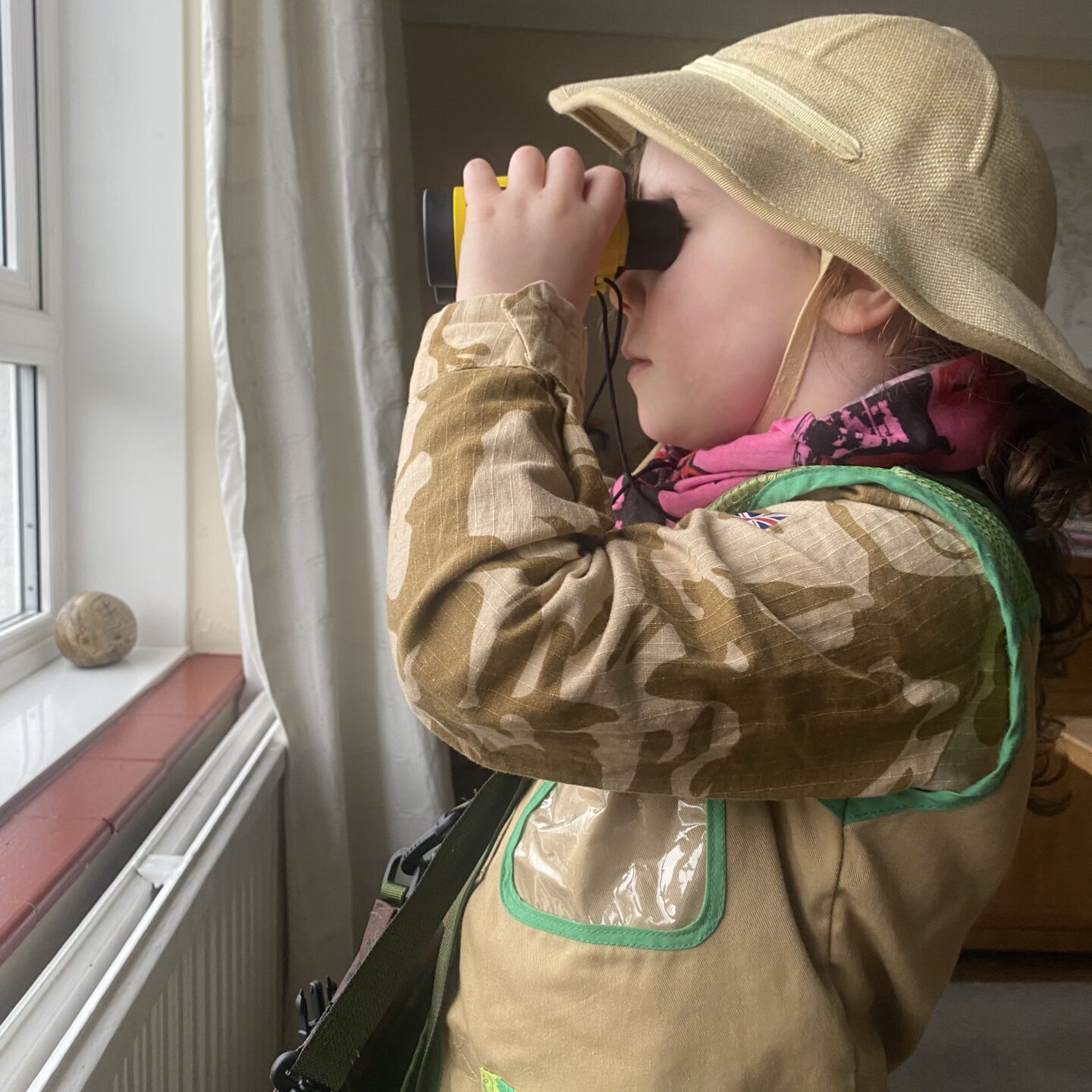 The big garden birdwatch with a girl looking through her binoculars 