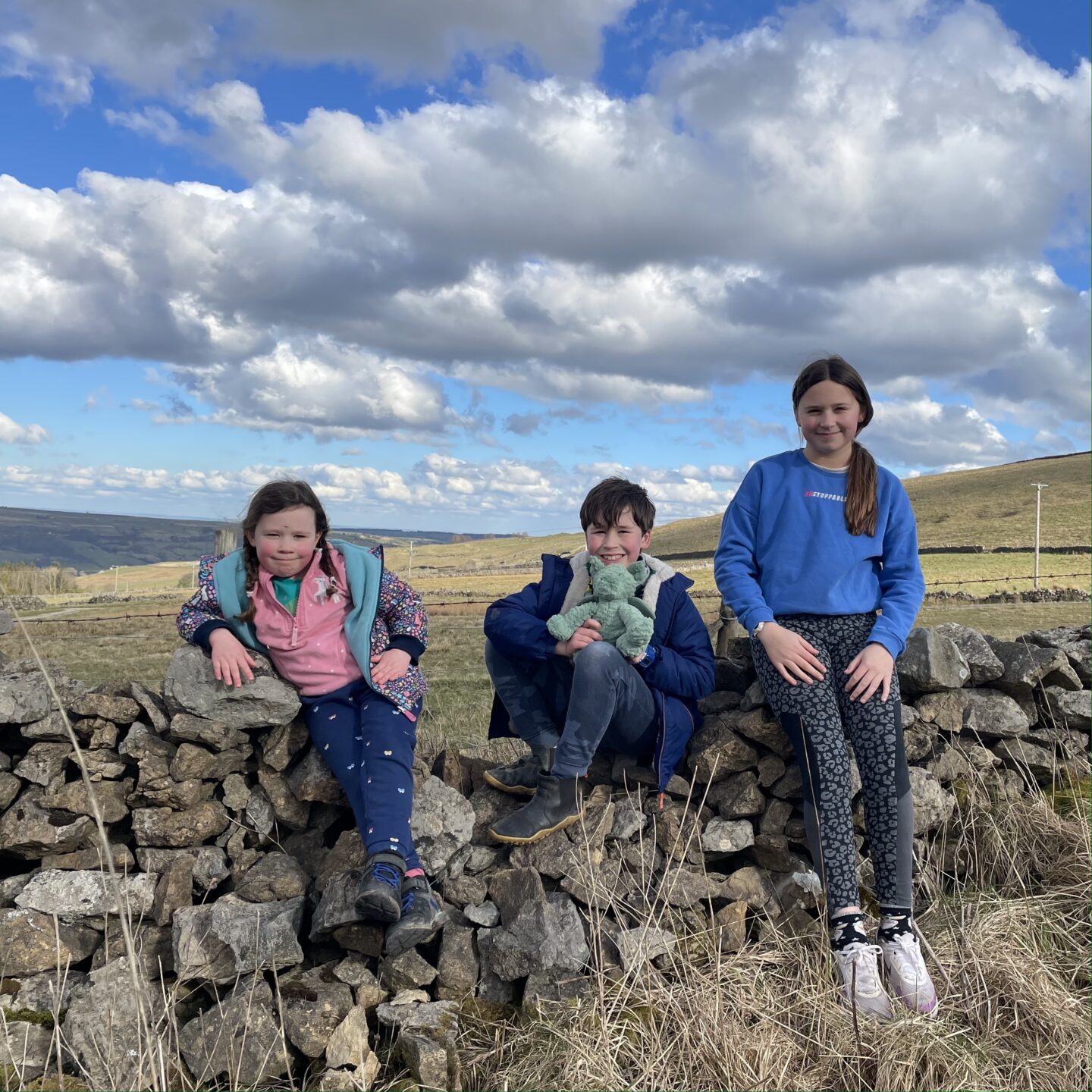 3 children on a hike in the Yorkshire Dales sat on a dry stone wall