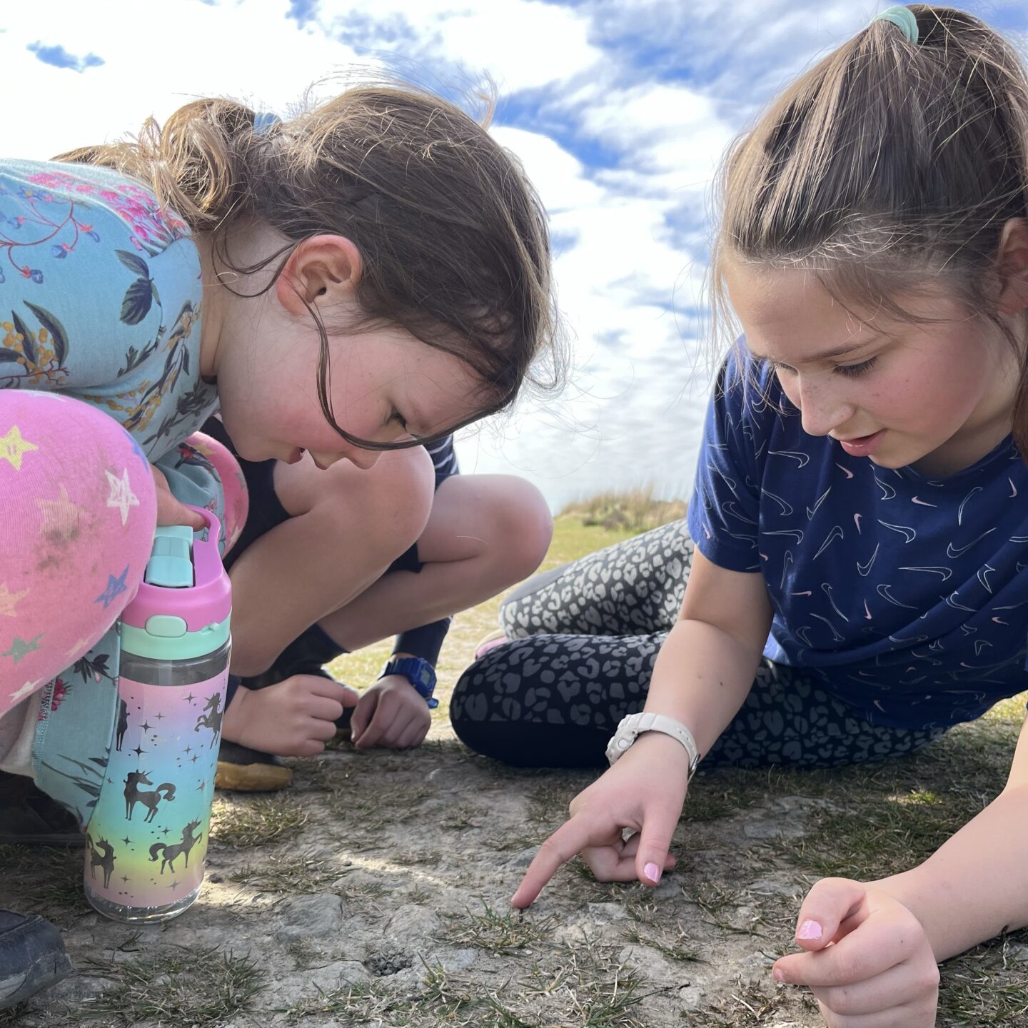 Mother's Day walk with 3 kids looking at a millipede