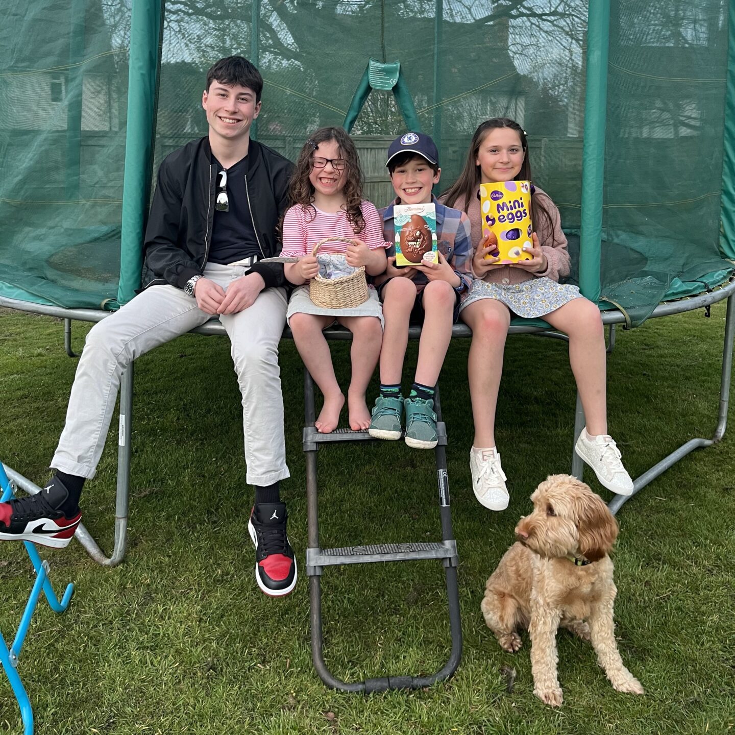 First week of the Easter holidays with four kids on a trampoline with Easter eggs