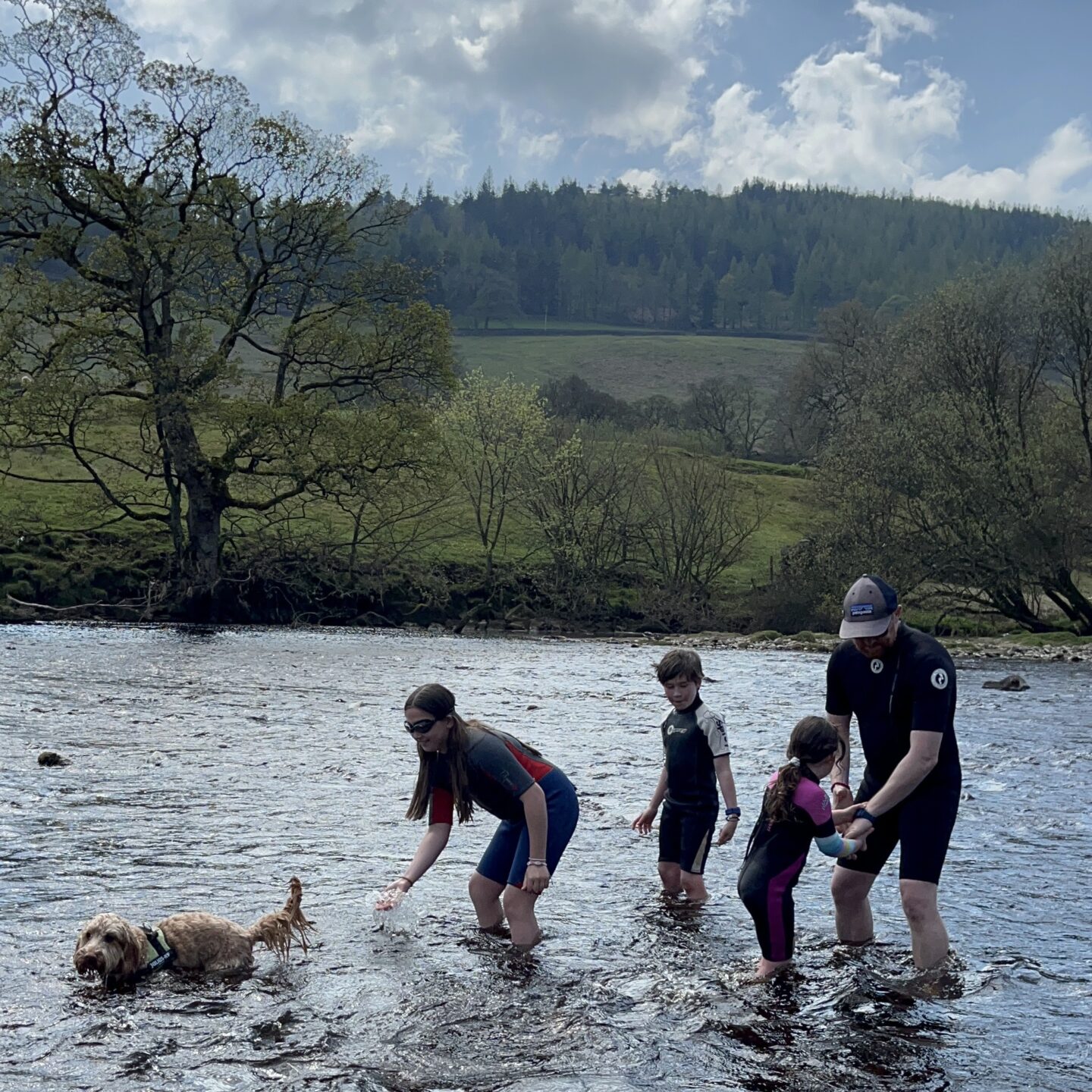 Break in the dales - 3 children and their father paddling in wetsuits in a river 