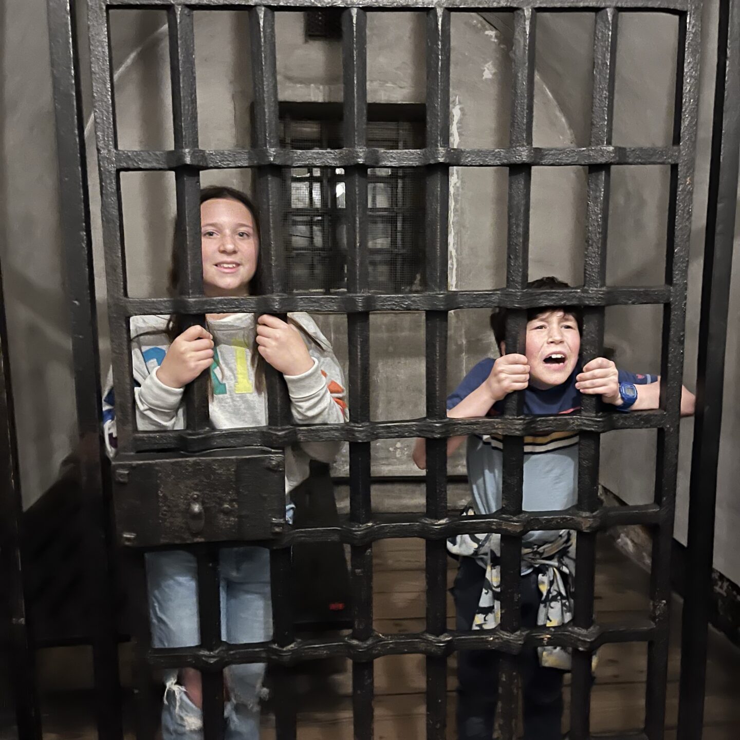 two kids behind bars at York museum visits.