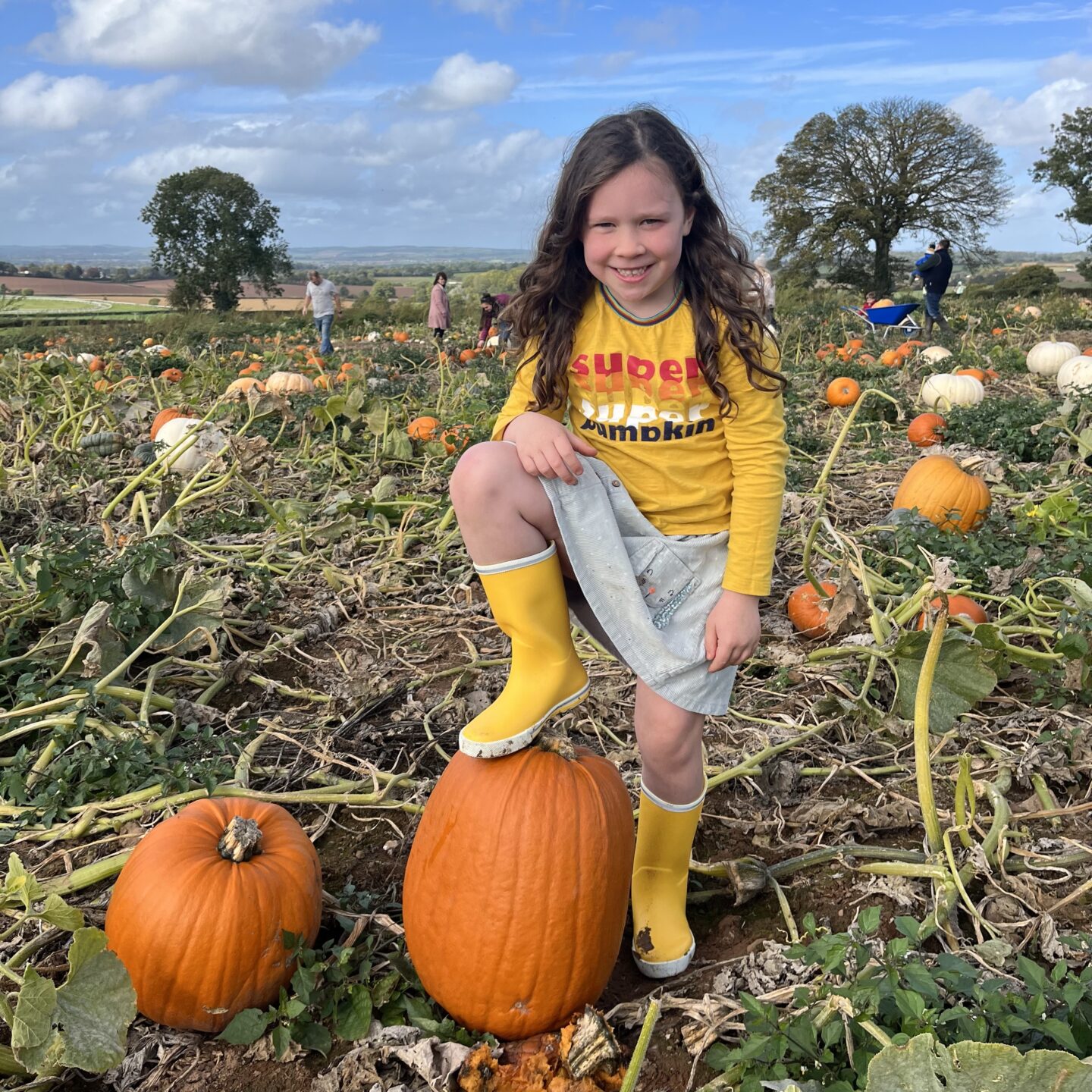 A young girl in a pumpkin patch wearing yellow wellies