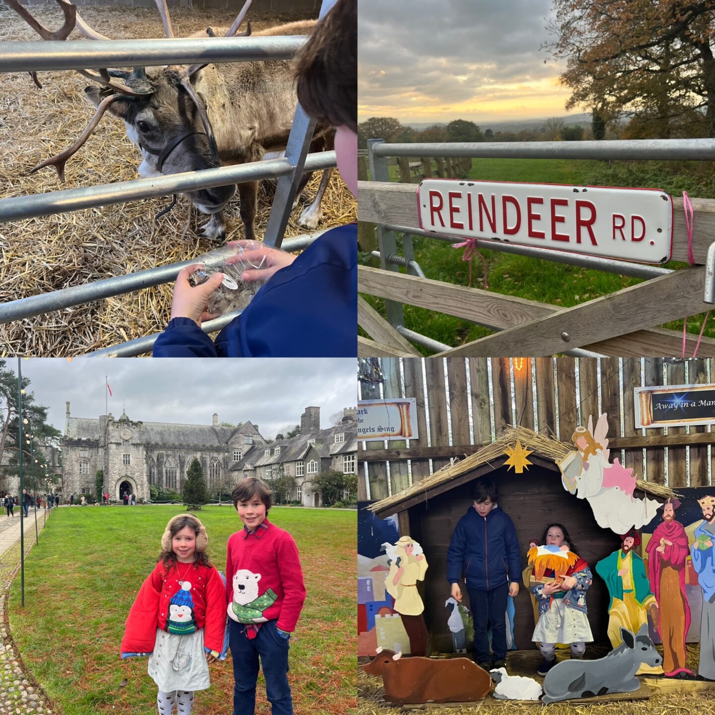 Christmas days out in Devon on a budget 2023
With 4 different Christmas days out photos - one with a child feeding a reindeer, one with a sign saying reindeer street, one with 2 children in festive clothes outside Dartington hall and one with 2 children in a stable nativity scene