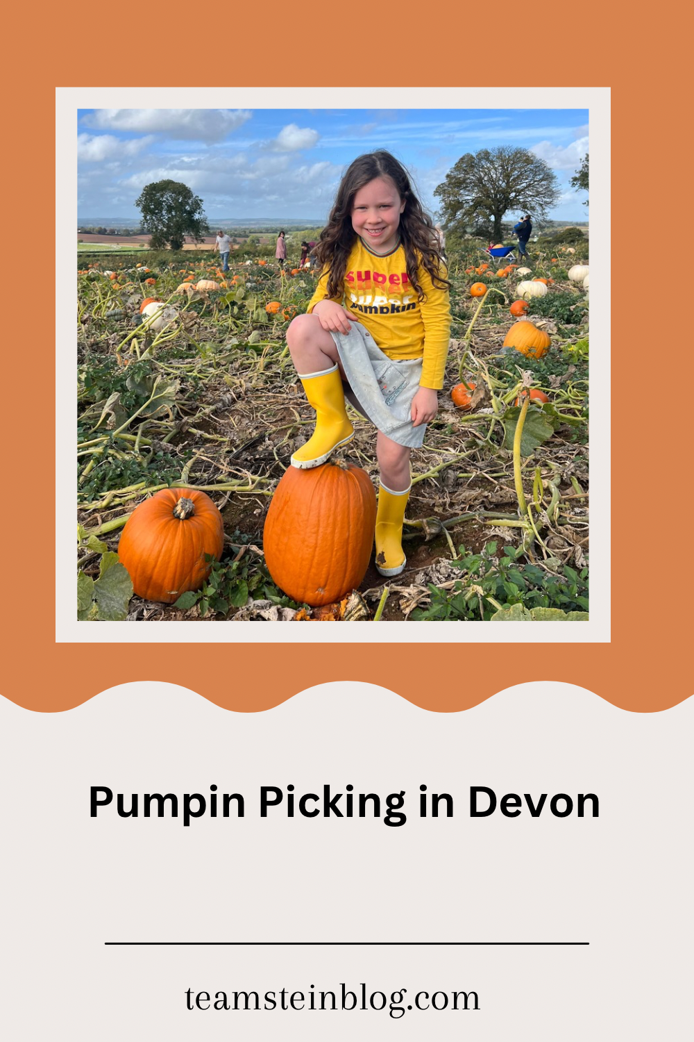 10 best pumpkin picking patches in Devon with a girl stood on a pumpkin patch in devon