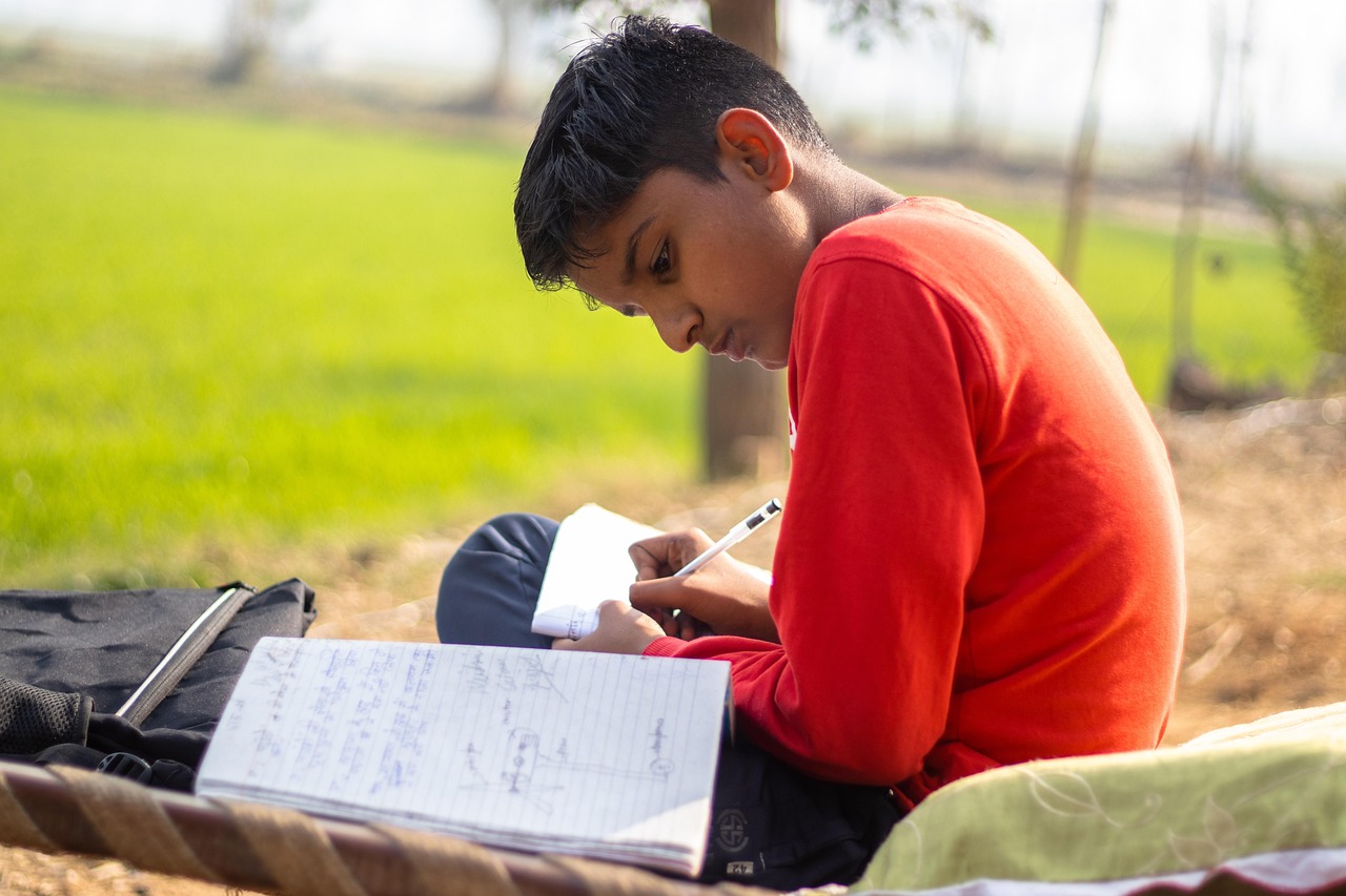 boy studying and writing in his books outdoors in a field for an article about helping your child prepare for school entry tests